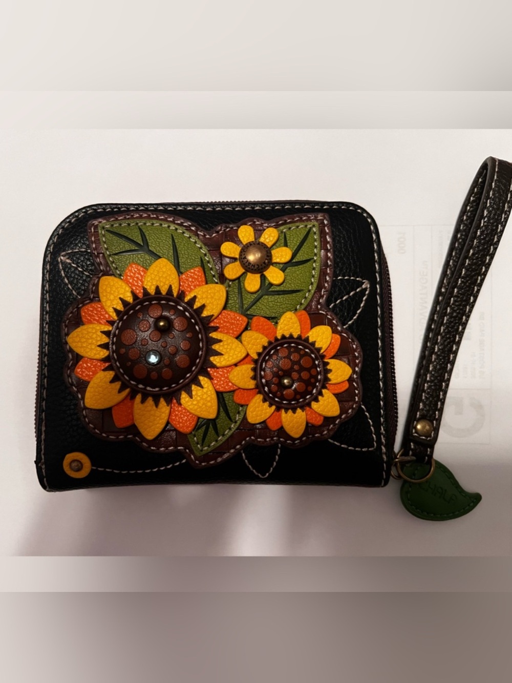 Chala Sunflower Applique Wristlet Wallet Dark Brawn